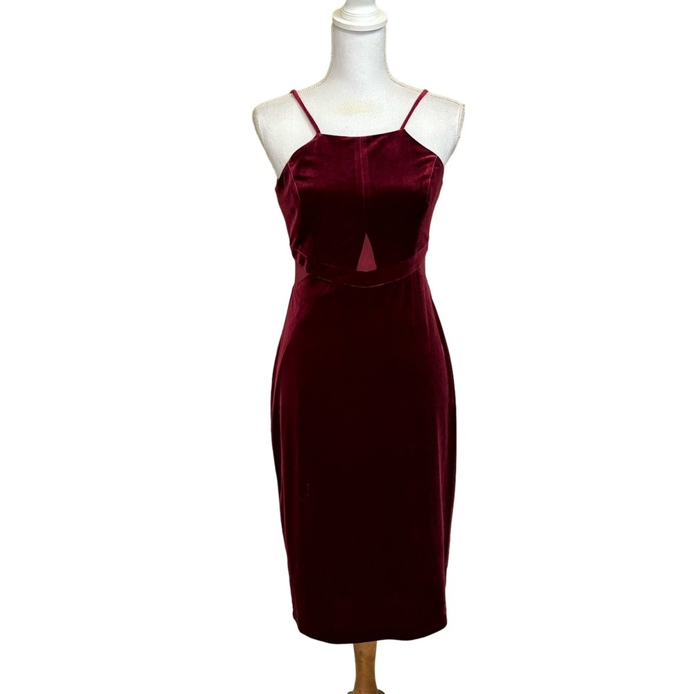 bebe Ruby Red Velvet Mesh Cutout Midi Bodycon Dress Size 6 Dark Feminine Party